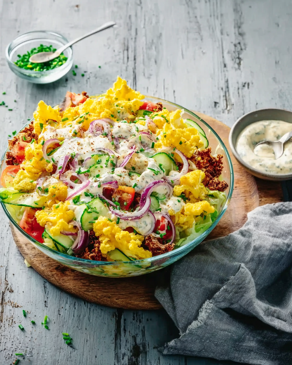 Bunter Low-Carb-Schichtsalat mit frischem Gemüse und cremigem Dressing