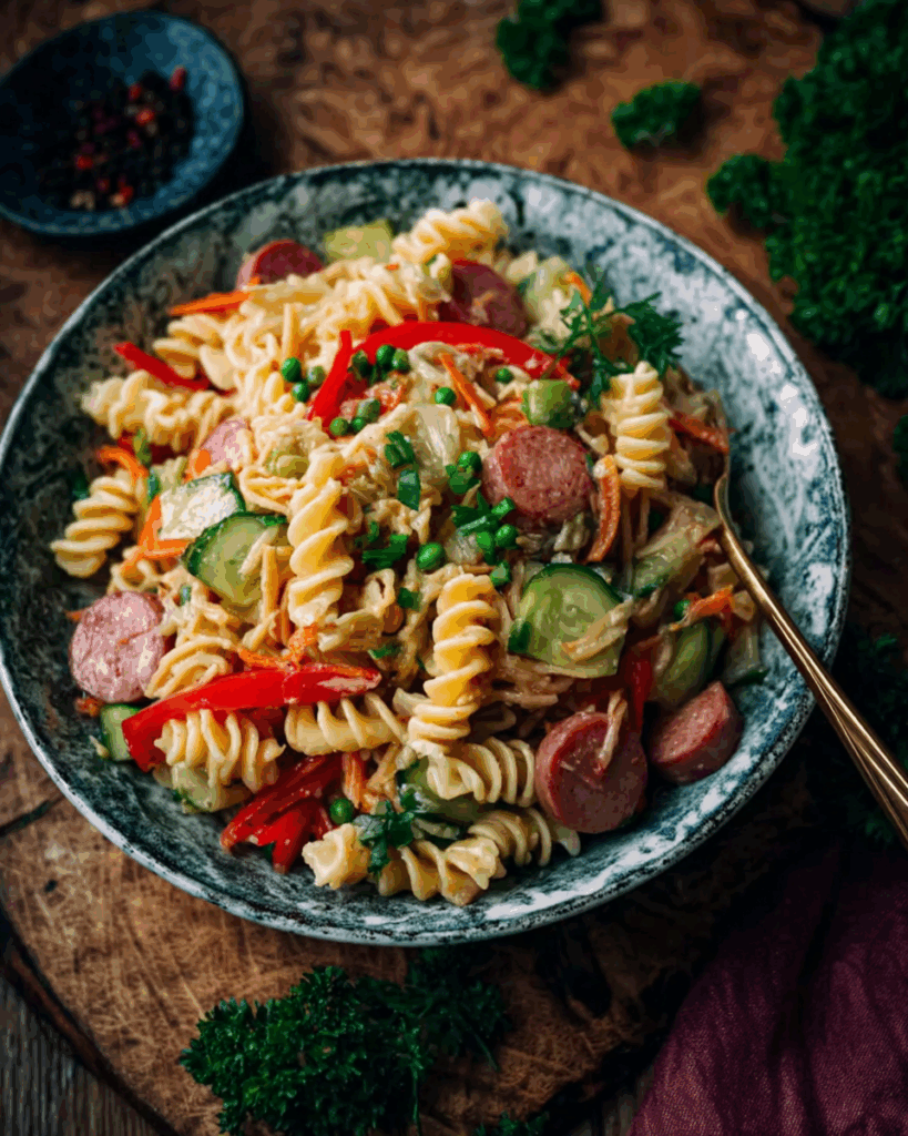 Cremiger Nudelsalat mit Essiggurken und Fleischwurst