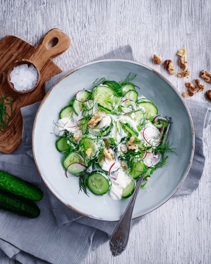Erfrischender Gurkensalat mit cremiger saurer Sahne