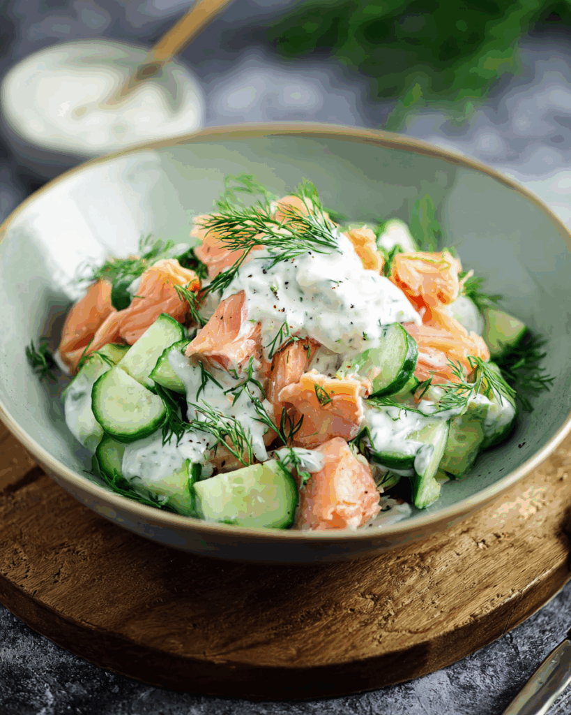 Frischer Gurkensalat mit Lachs und Dill-Dressing