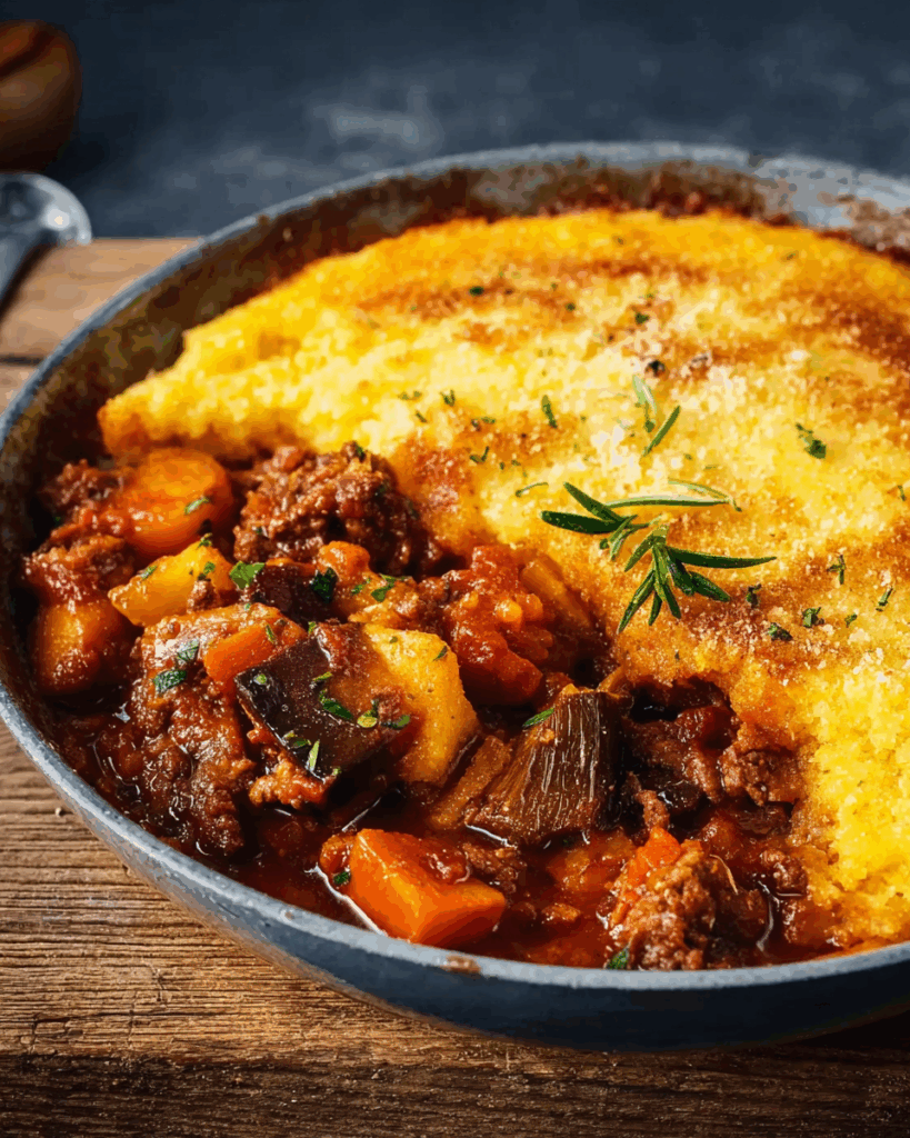 Gemüse-Hackfleisch-Ragout mit Polenta überbacken