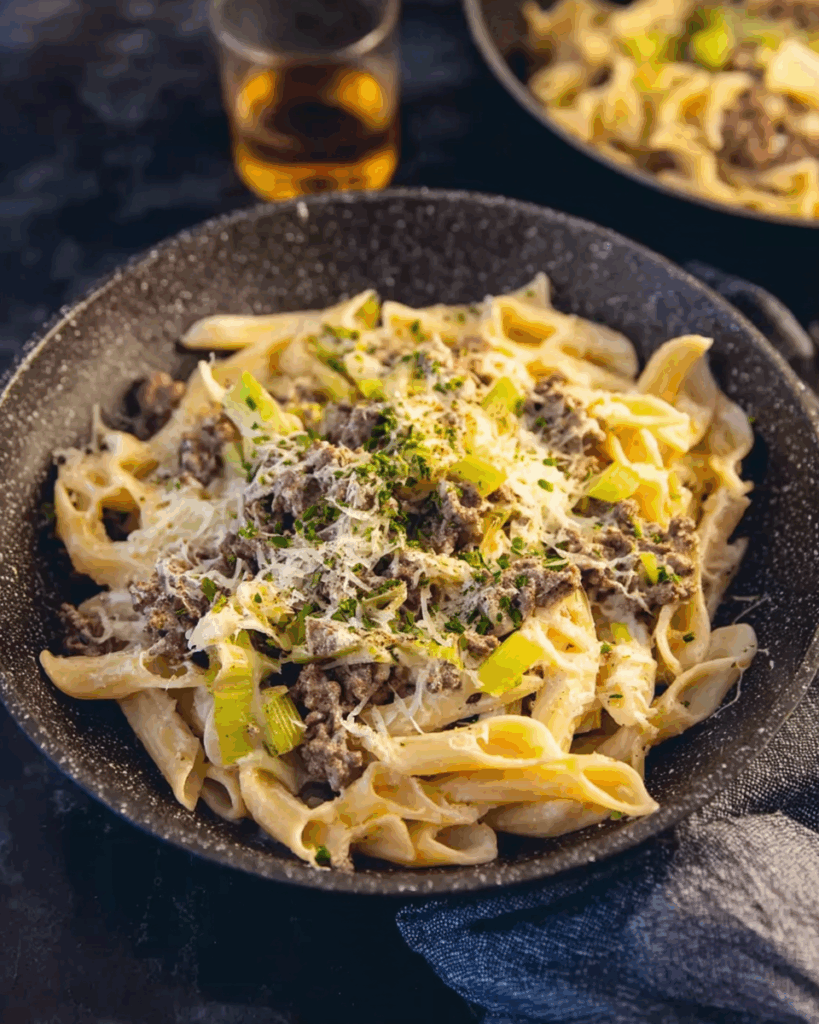 Hackfleisch-Pfanne mit Lauch, Käse und Nudeln