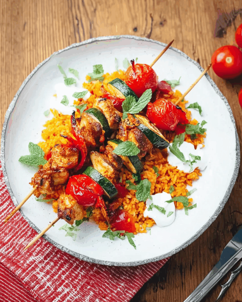 Hähnchenspieße mit Tomatenreis