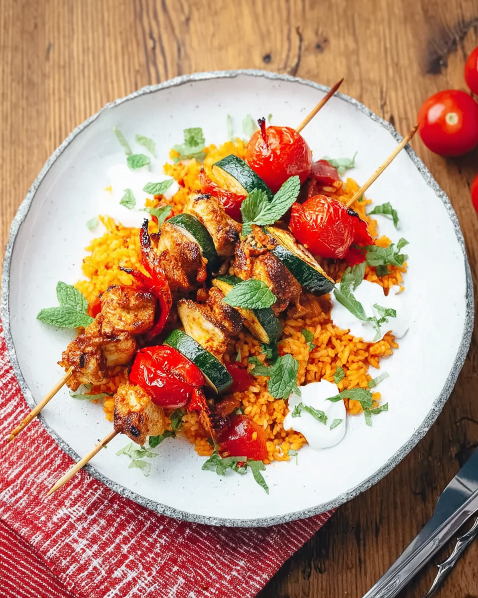 Hähnchenspieße mit Tomatenreis