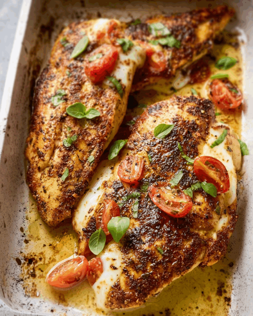 Knusprige Hähnchenbrust mit Tomaten-Mozzarella-Topping