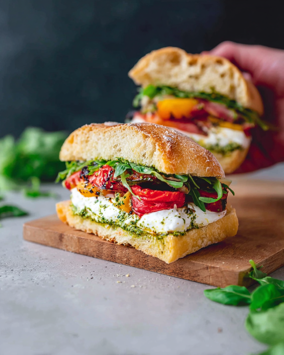 Knuspriges Ciabatta-Sandwich mit gegrilltem Gemüse Burrata