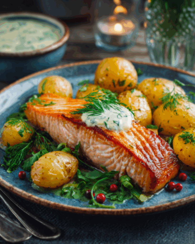 Lachs in Dillsauce mit Rösterkartoffeln