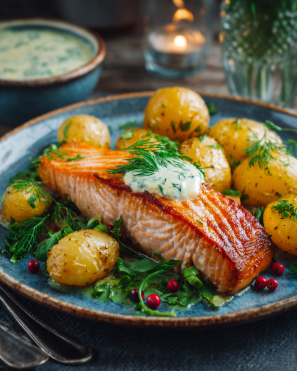 Lachs in Dillsauce mit Rösterkartoffeln