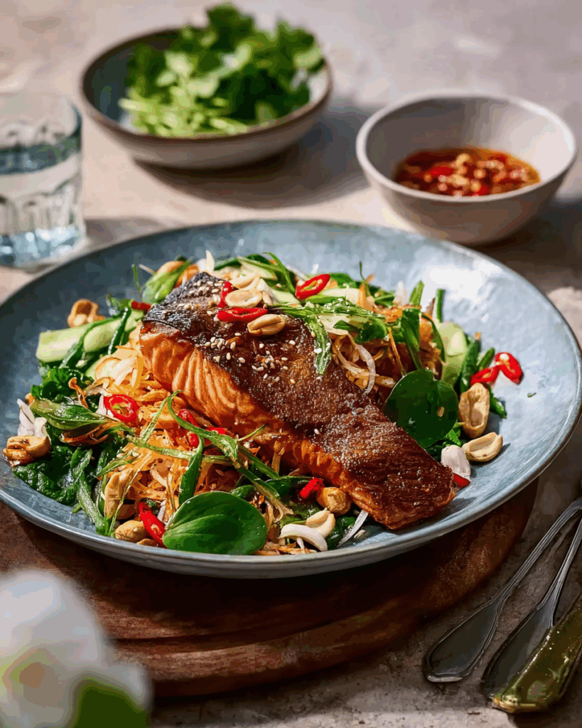 Lachsfilet mit koreanischem Crispy-Reissalat