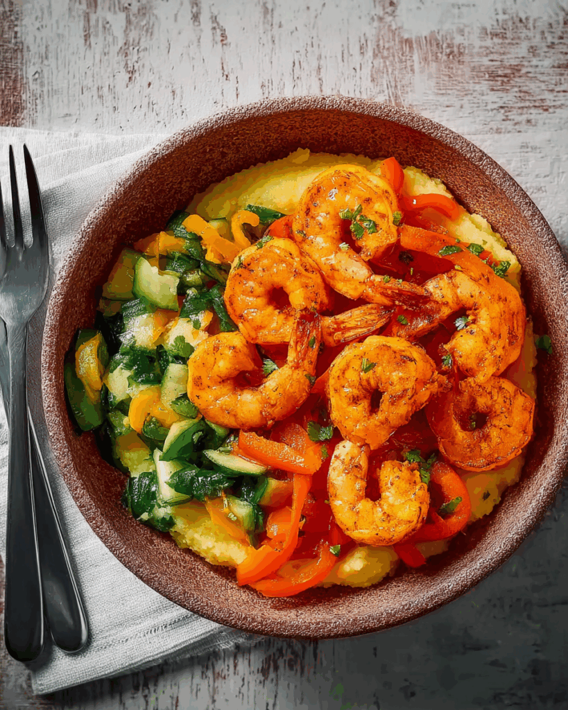 Paprika-Garnelen auf buntem Gemüsestampf