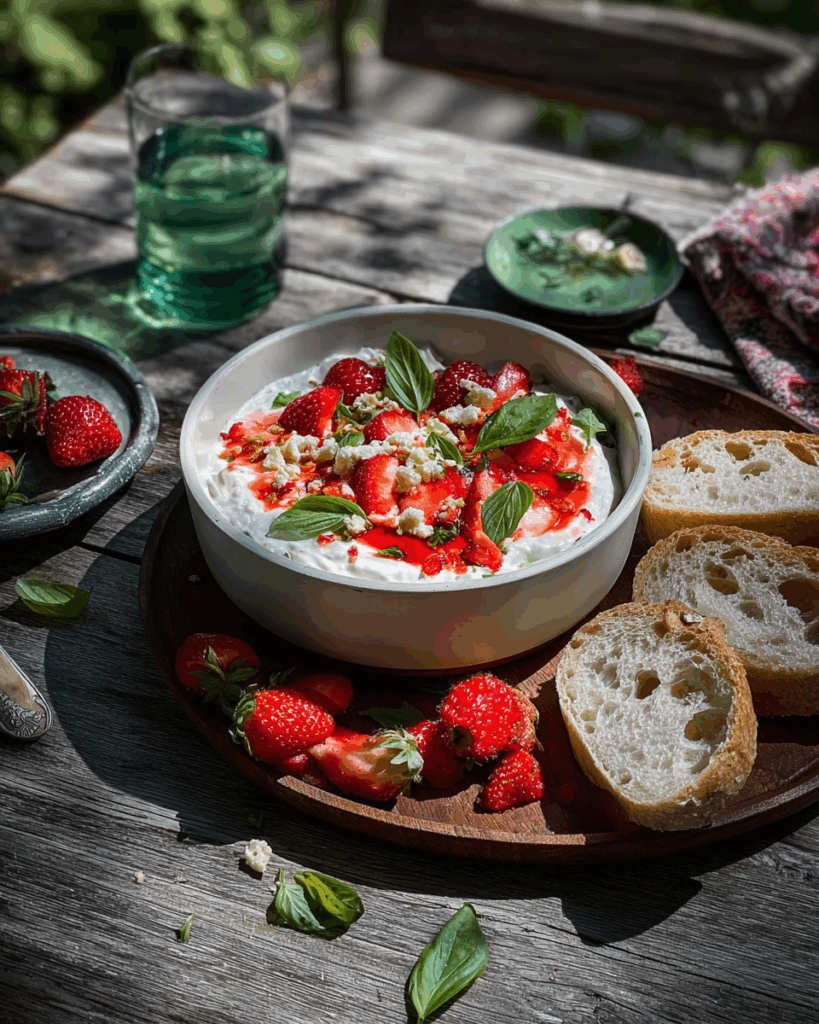 Sommerlicher Feta-Dip mit frischen Erdbeeren und Minze