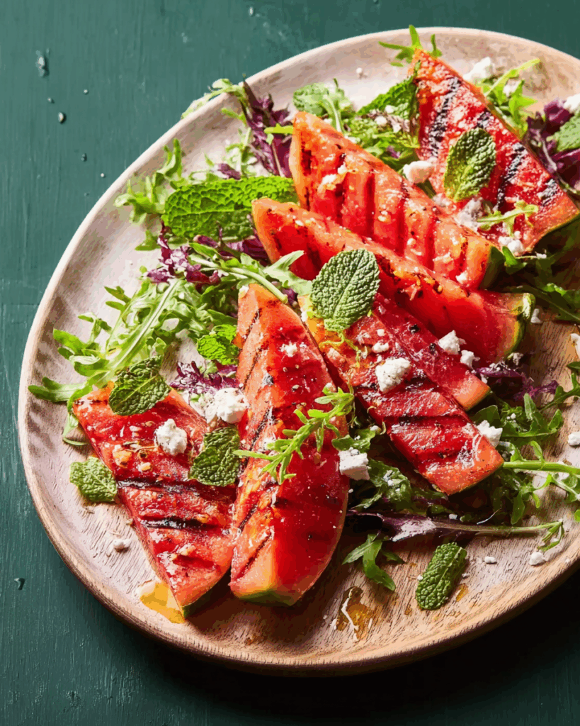 Sommerlicher Salat mit gegrillter Wassermelone, Feta und Minze