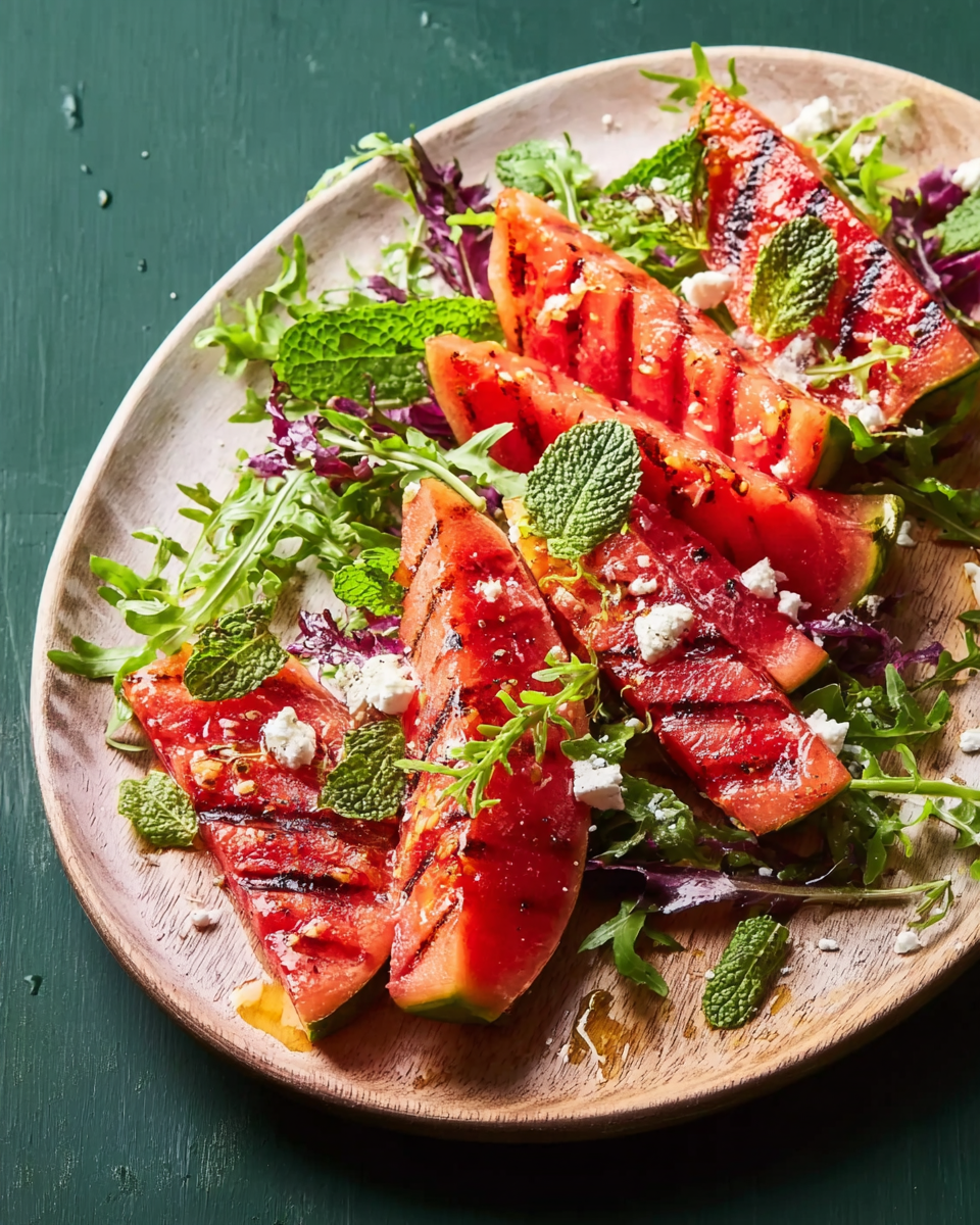Sommerlicher Salat mit gegrillter Wassermelone, Feta und Minze