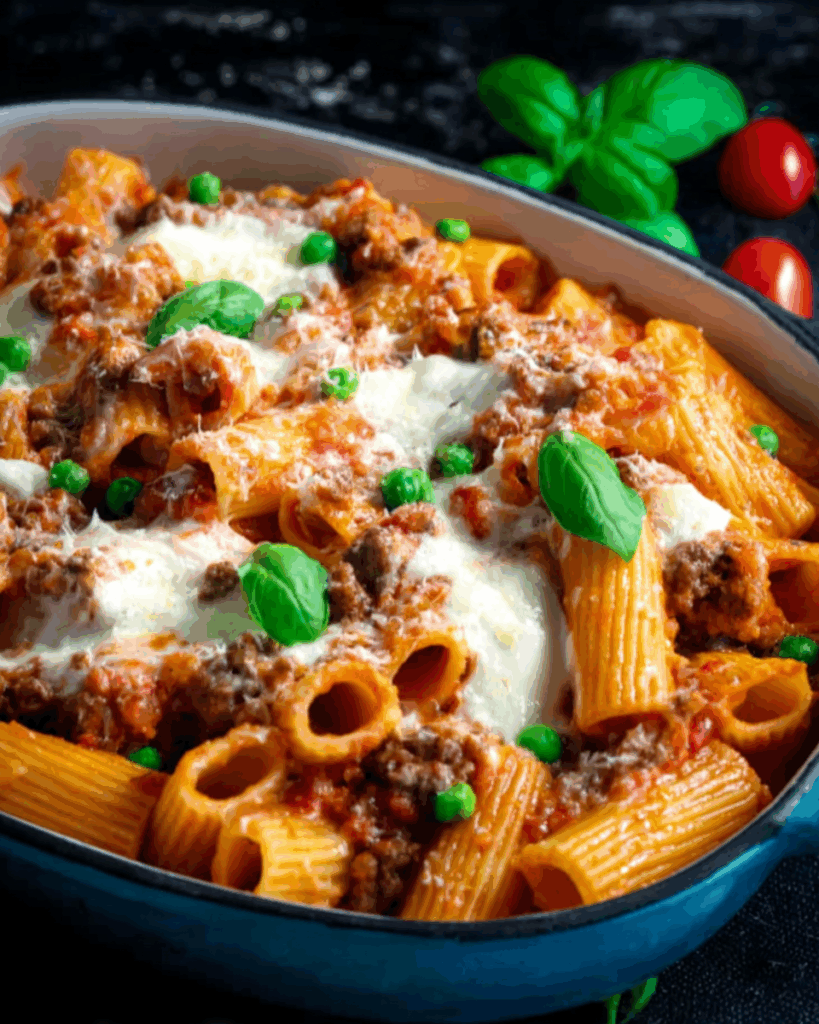 Überbackene Rigatoni mit Hackfleisch-Tomaten-Sauce und Mozzarella