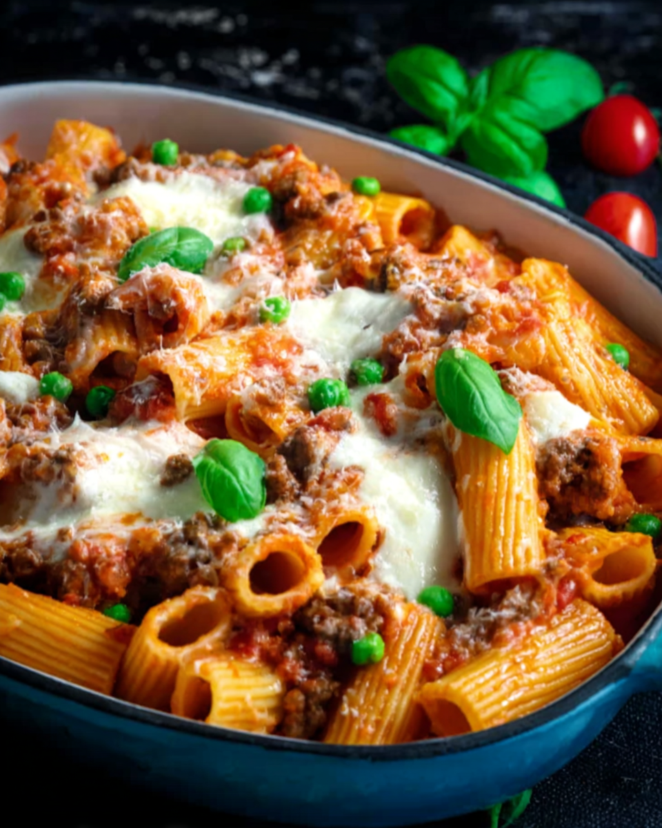 Überbackene Rigatoni mit Hackfleisch-Tomaten-Sauce und Mozzarella