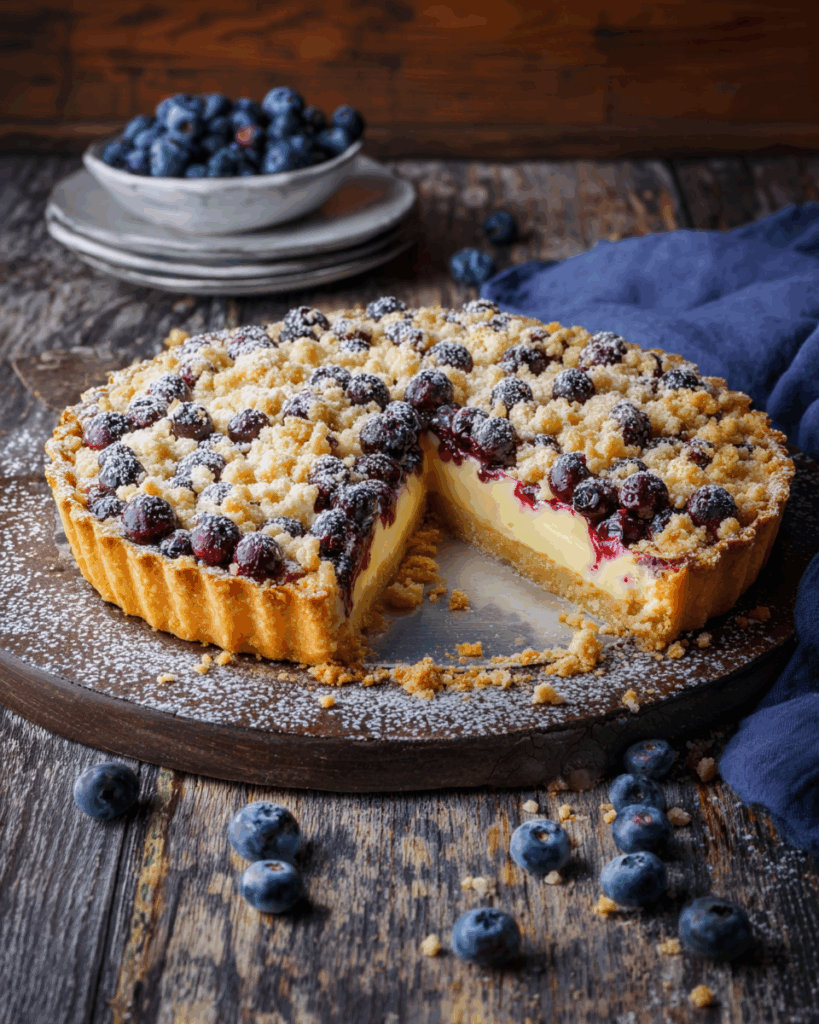 Vanille-Tarte mit Heidelbeeren und Streuseln