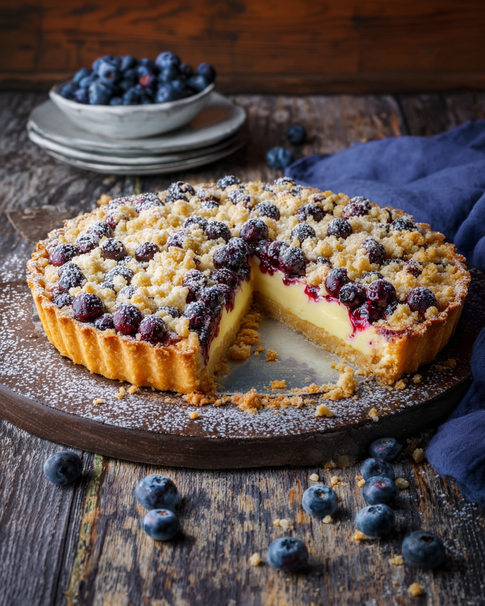 Vanille-Tarte mit Heidelbeeren und Streuseln