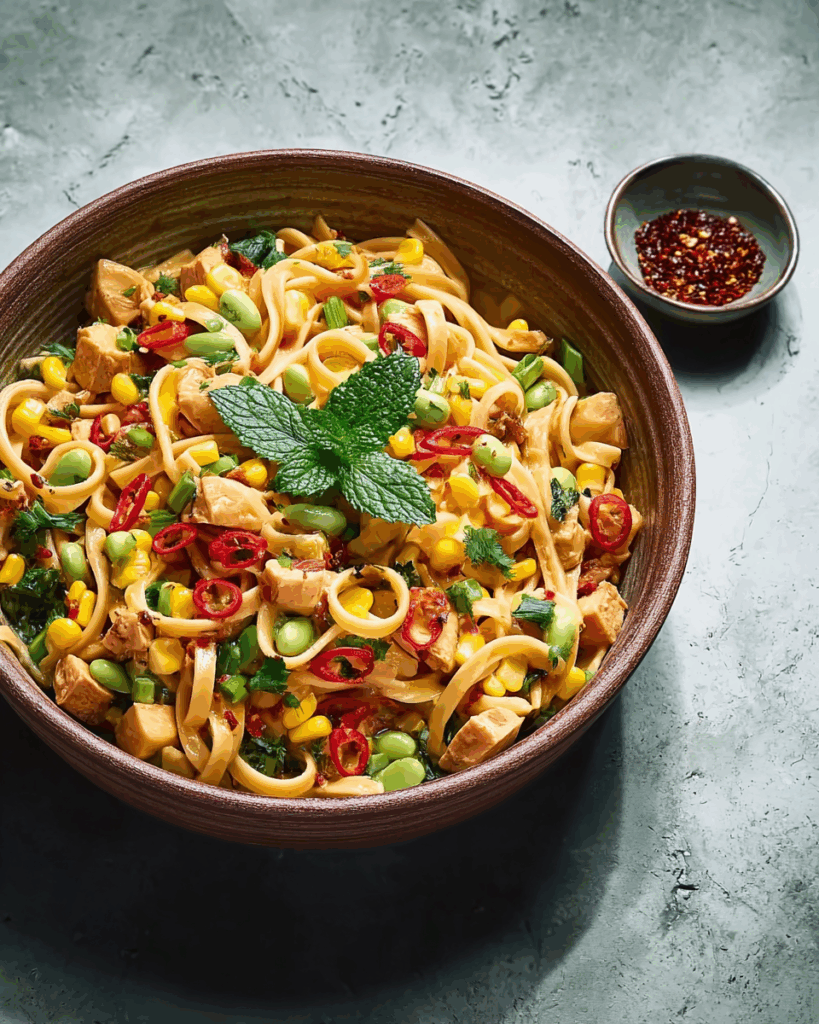 Würziger Nudelsalat mit Mais, Bohnen und Chili