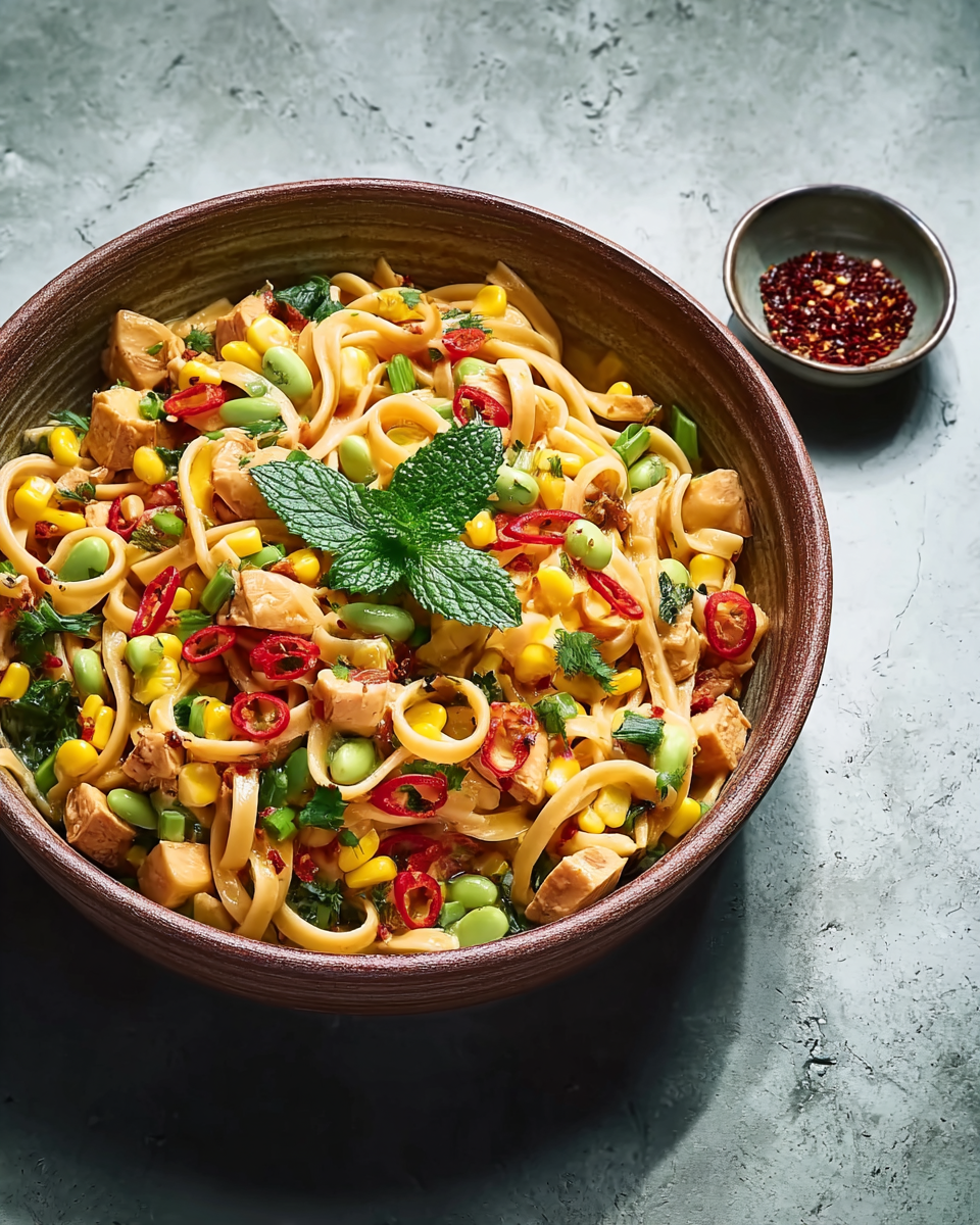 Würziger Nudelsalat mit Mais, Bohnen und Chili
