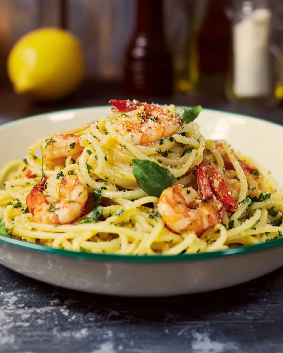 Zitronenspaghetti mit Kräutergarnelen