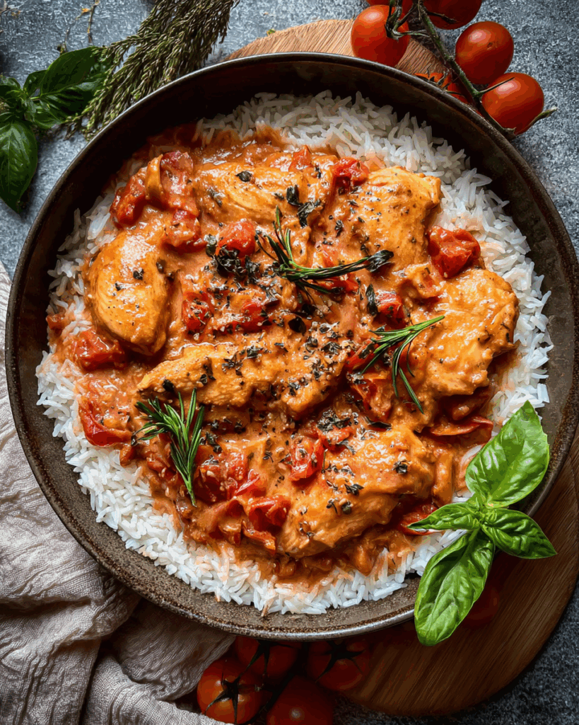 Hähnchen mit Reis und Tomatensoße