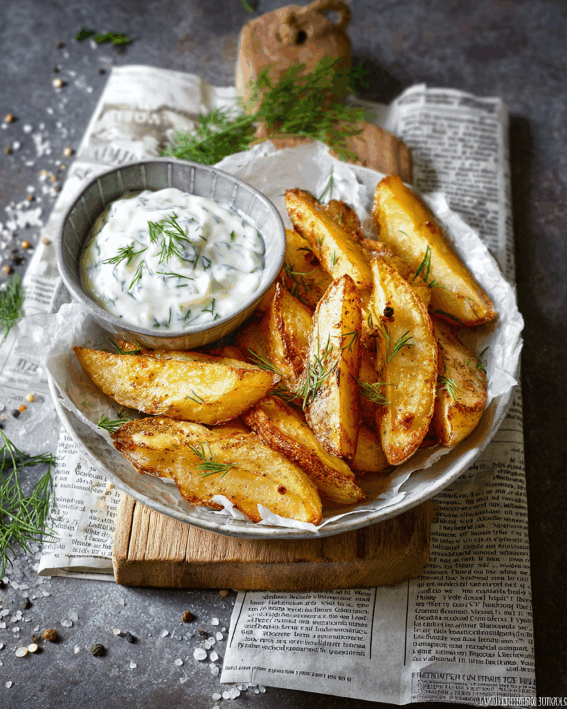 Kartoffelspalten mit Gurkendip