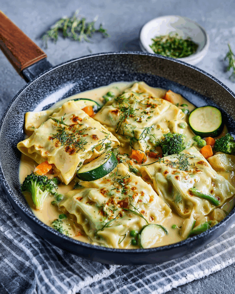 Maultaschen mit Käse-Sahne-Gemüsesoße