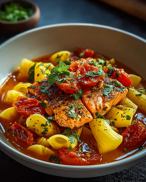 Ofen-Lachs-Pasta mit Tomaten