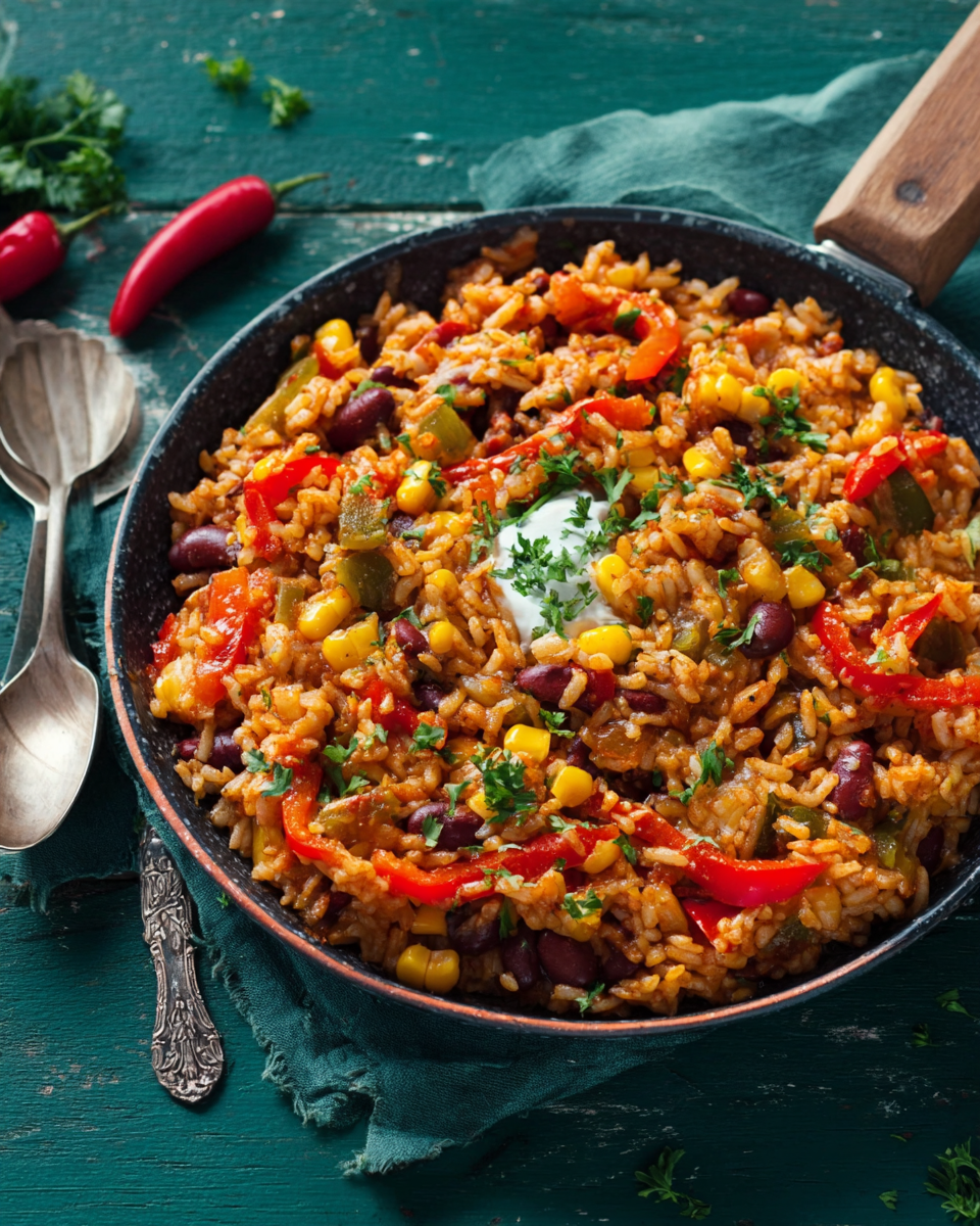 One-Pot Reis mit Paprika, Bohnen und Mais
