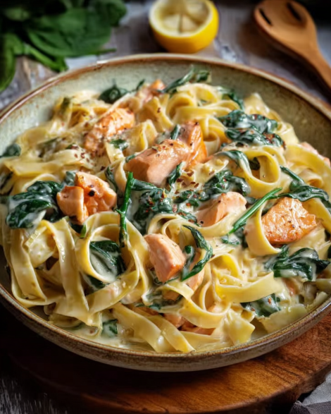 Bandnudeln in cremiger Lachs-Sahne-Soße mit Spinat