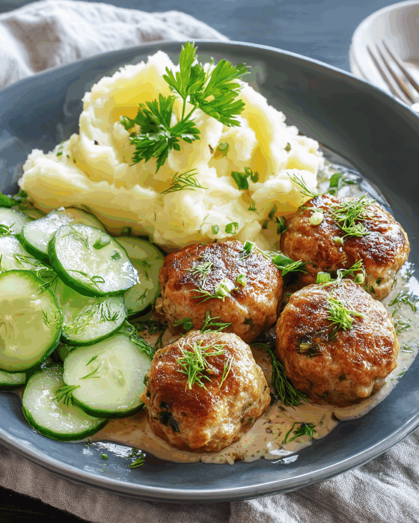 Fleischbällchen mit Gurkensalat und Kartoffelstampf