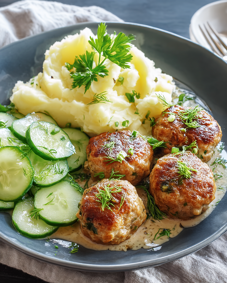 Fleischbällchen mit Gurkensalat und Kartoffelstampf