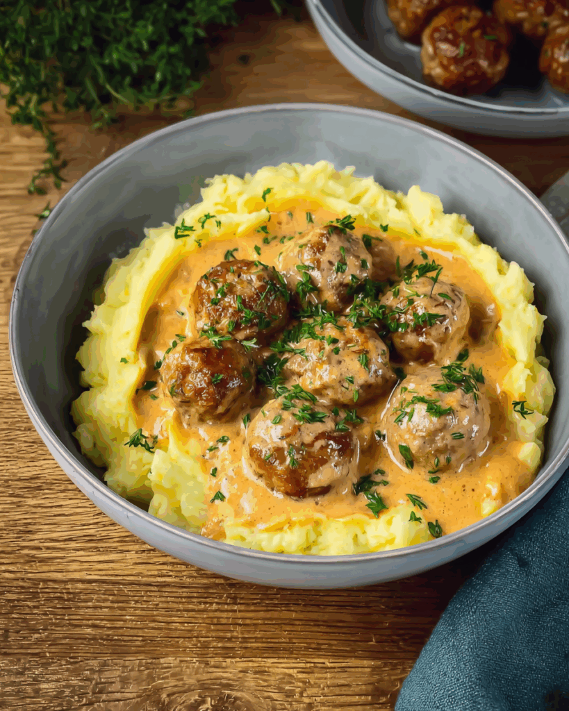 Hackbällchen in cremiger Sauce mit Kartoffelpüree