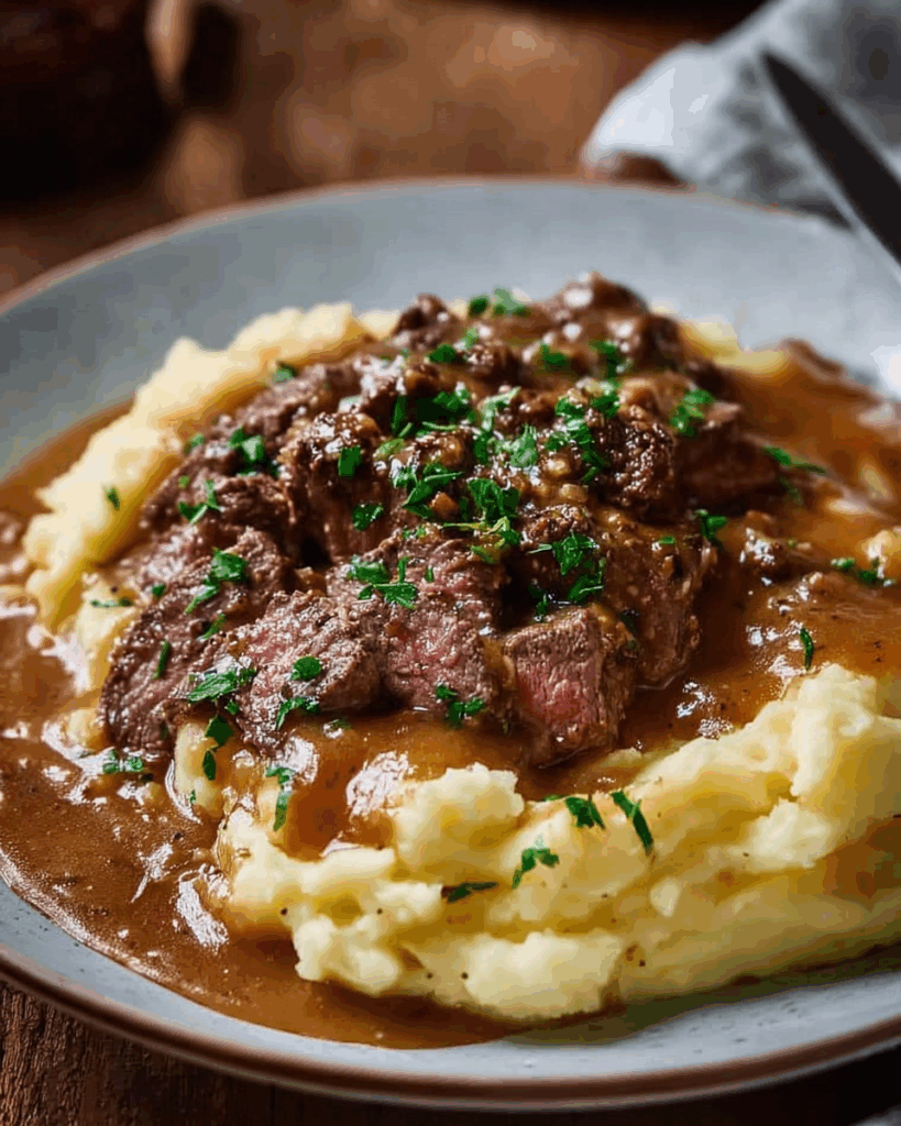 Hackfleisch mit Bratensauce auf cremigem Kartoffelpüree