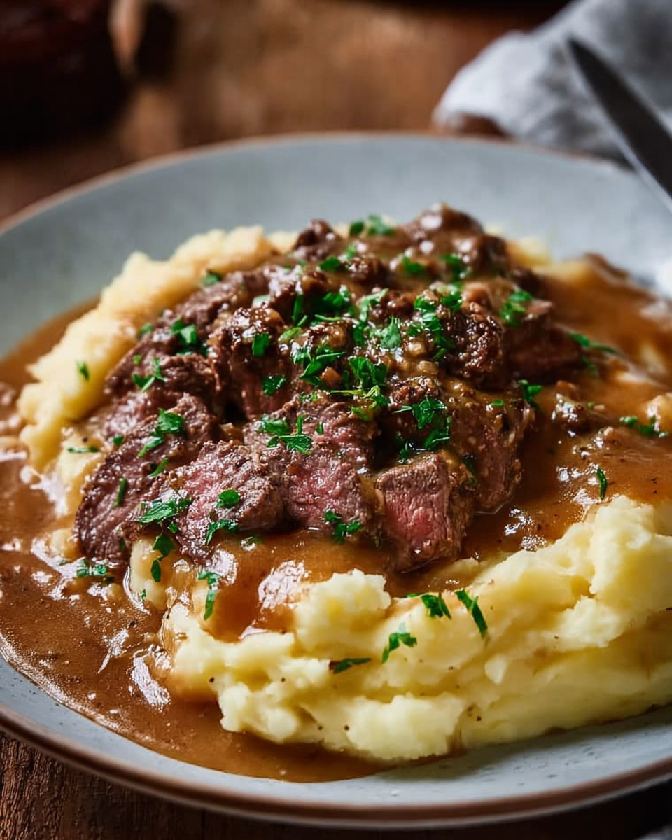 Hackfleisch mit Bratensauce auf cremigem Kartoffelpüree