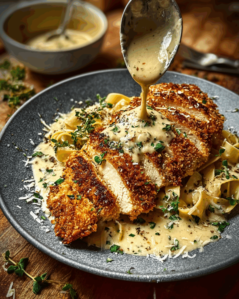 Parmesan-Hähnchen mit cremiger Knoblauchsoße