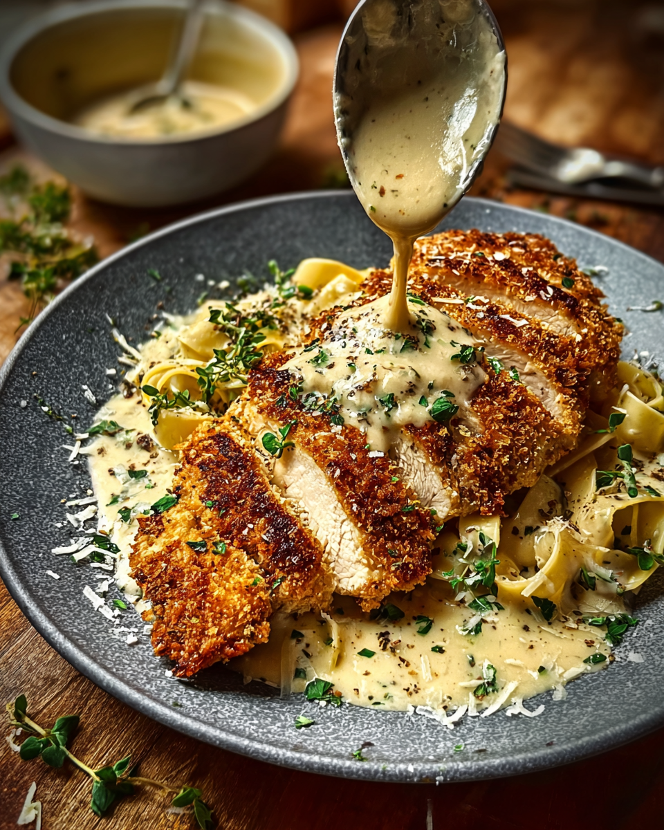 Parmesan-Hähnchen mit cremiger Knoblauchsoße