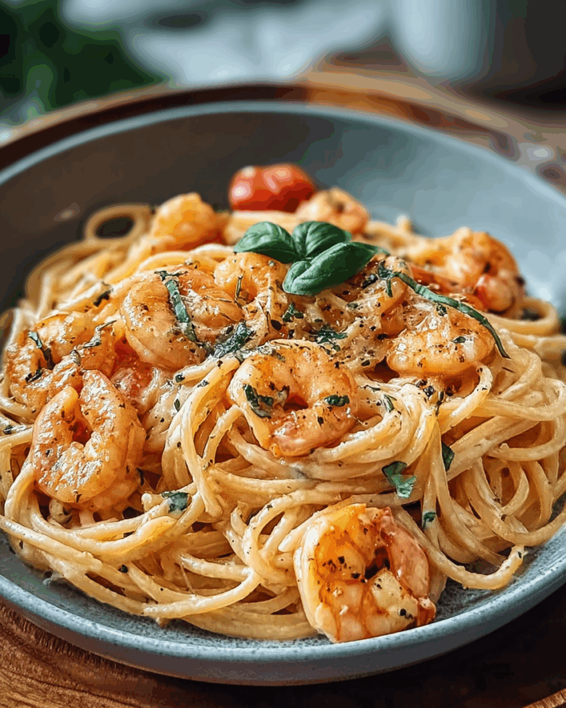 Spaghetti mit Garnelen in Frischkäsesauce