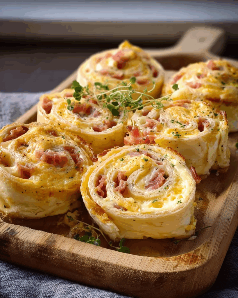 Frühstücksrollen mit Rührei, Käse und Speck