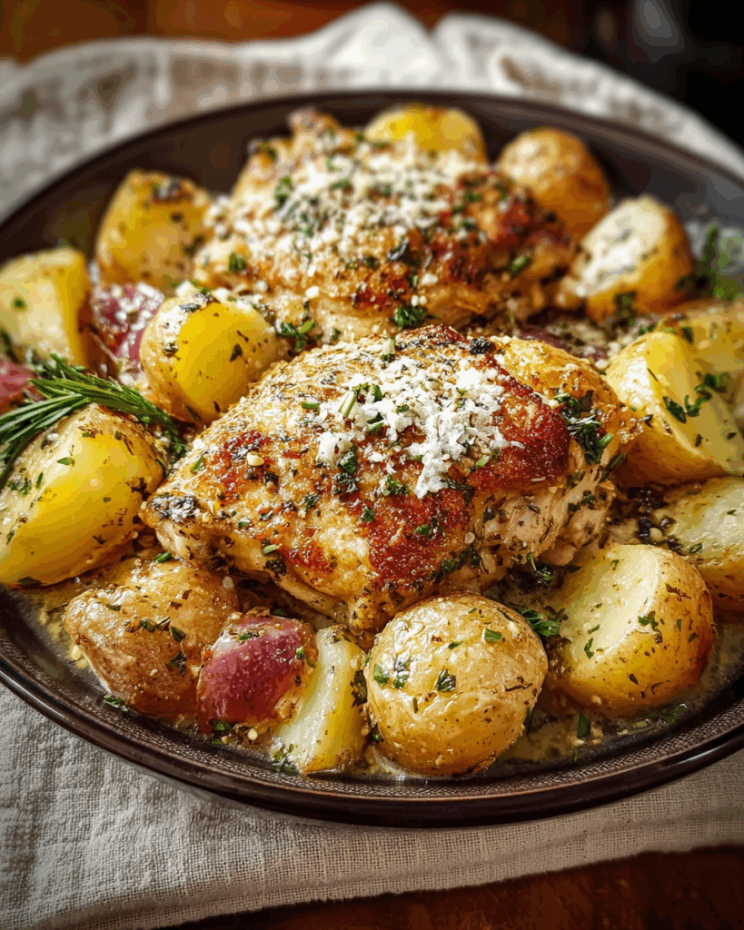 Slow Cooker Parmesan-Knoblauch-Hähnchen mit Kartoffeln