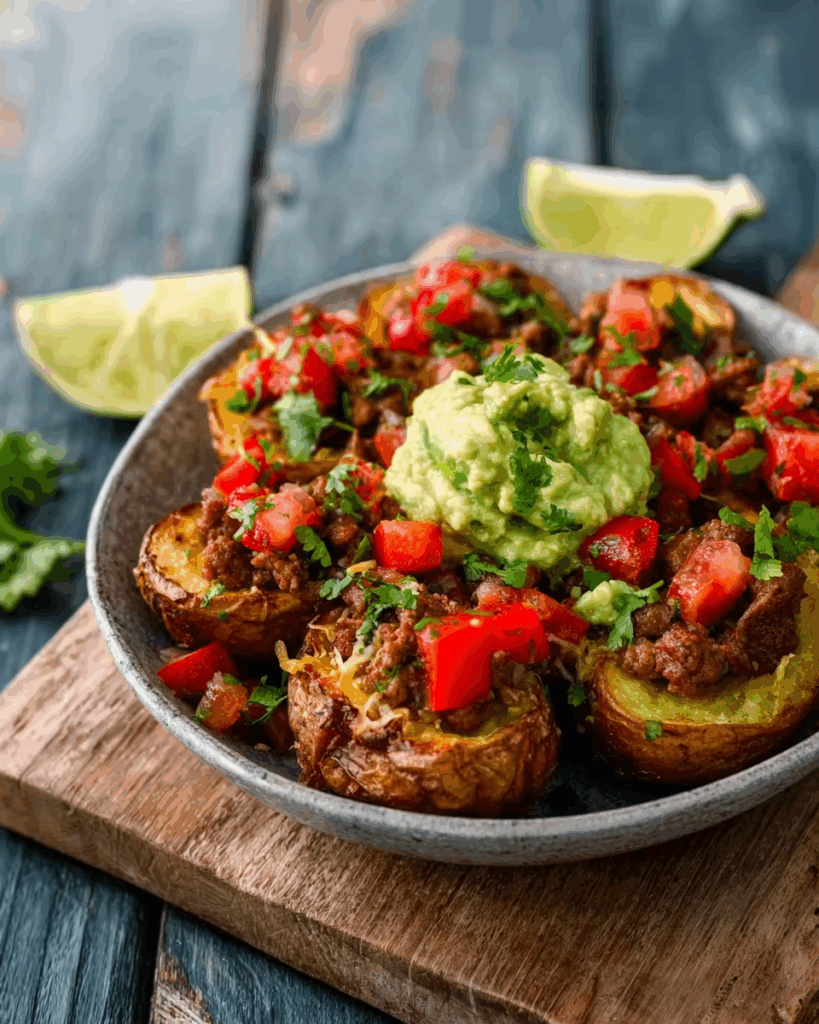 Überbackene Kartoffeln mit Hackfleisch, Tomate und Guacamole