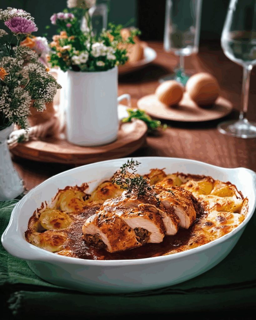 Gefüllte Hähnchenbrust mit Kartoffel-Spitzkohl-Gratin