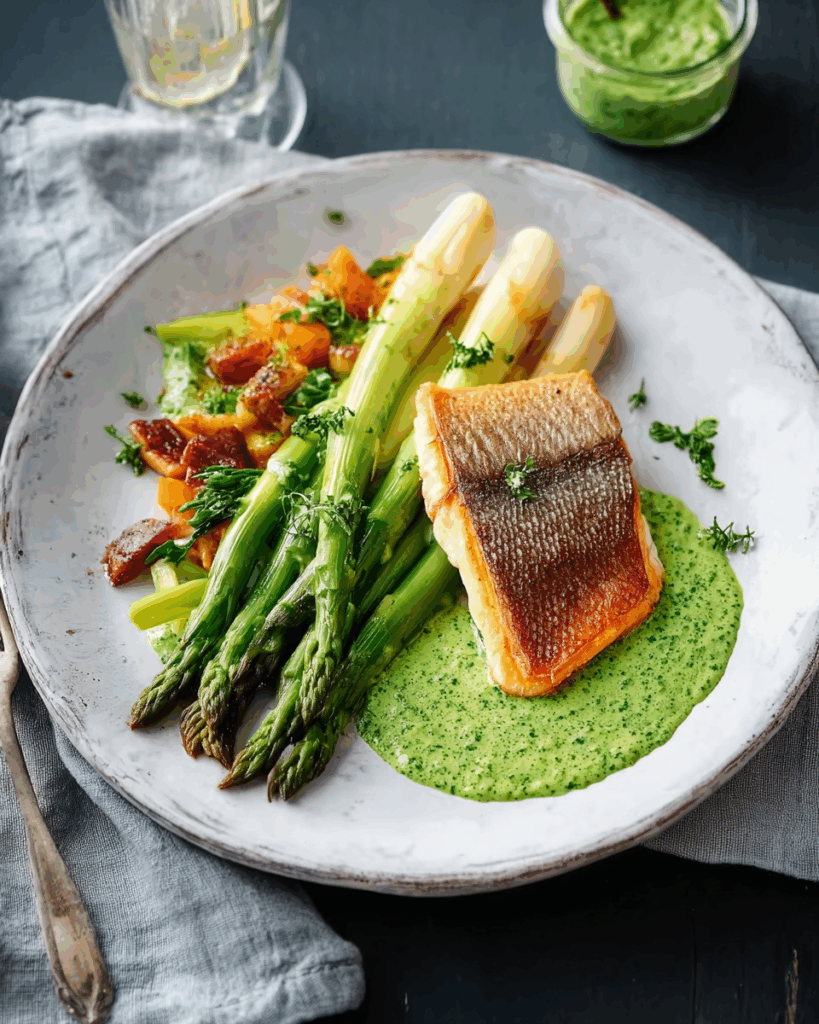 Grüner Spargel mit Estragon-Spinat-Sauce und gebratener Bachforelle