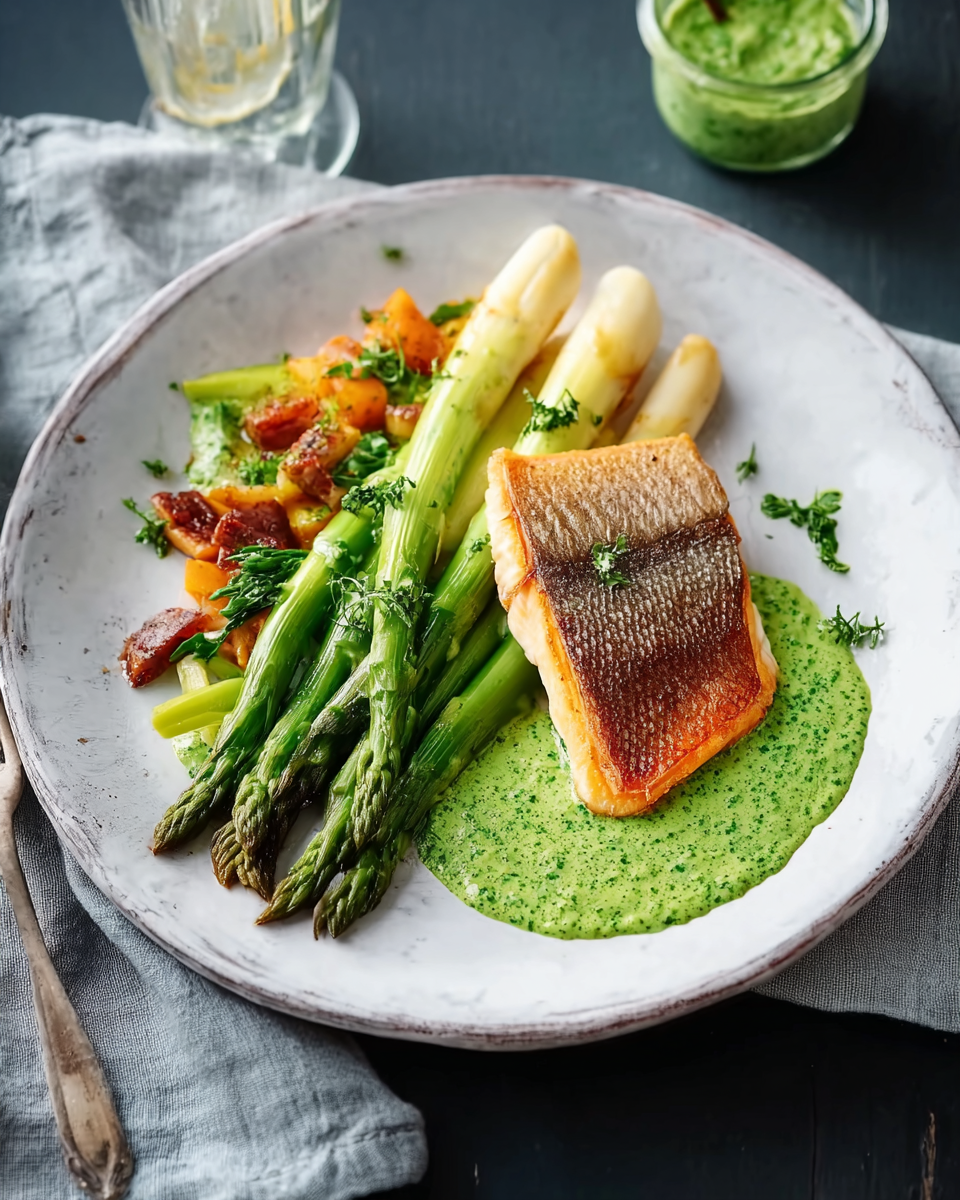 Grüner Spargel mit Estragon-Spinat-Sauce und gebratener Bachforelle
