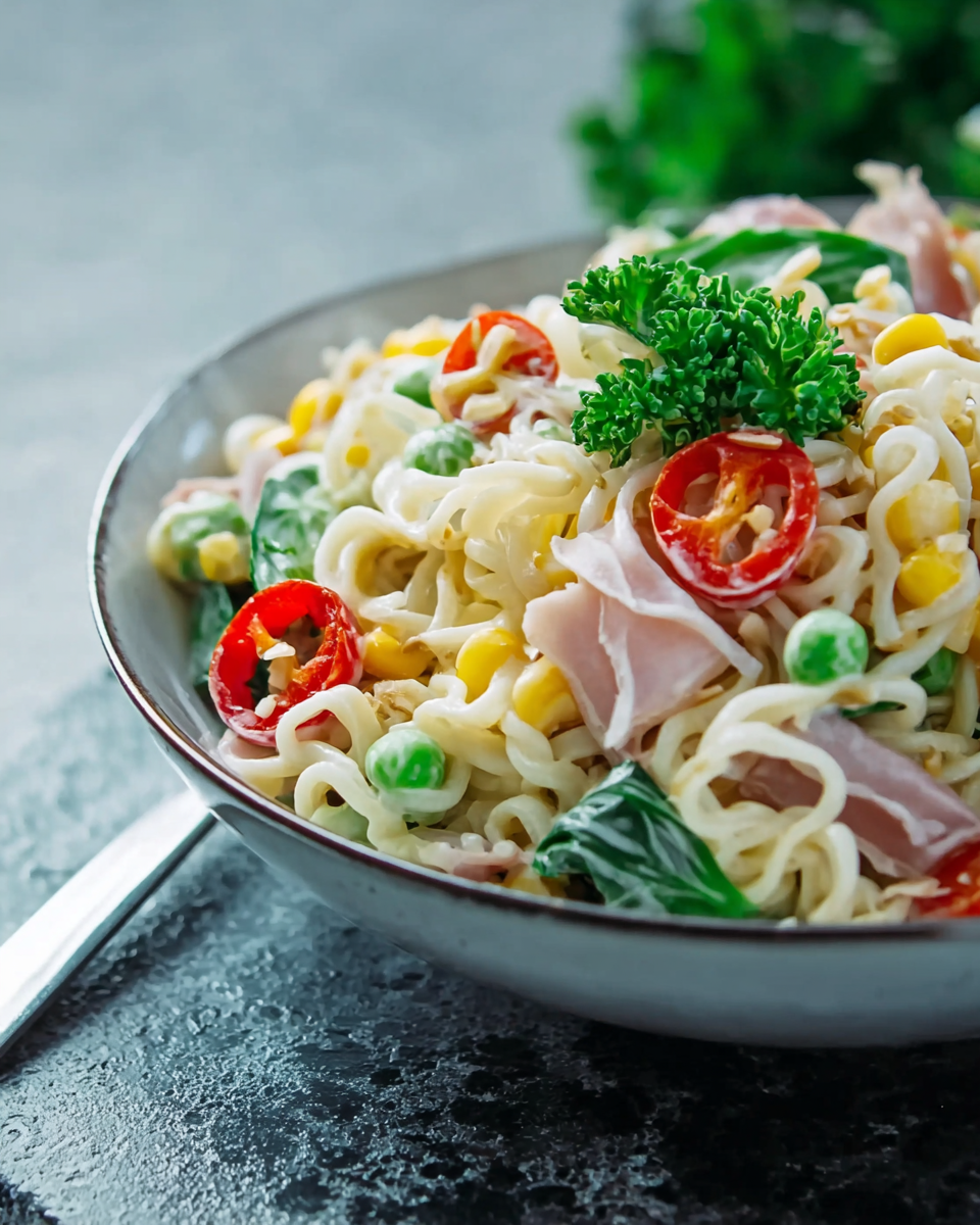 Nudelsalat mit Gemüse und cremigem Dressing