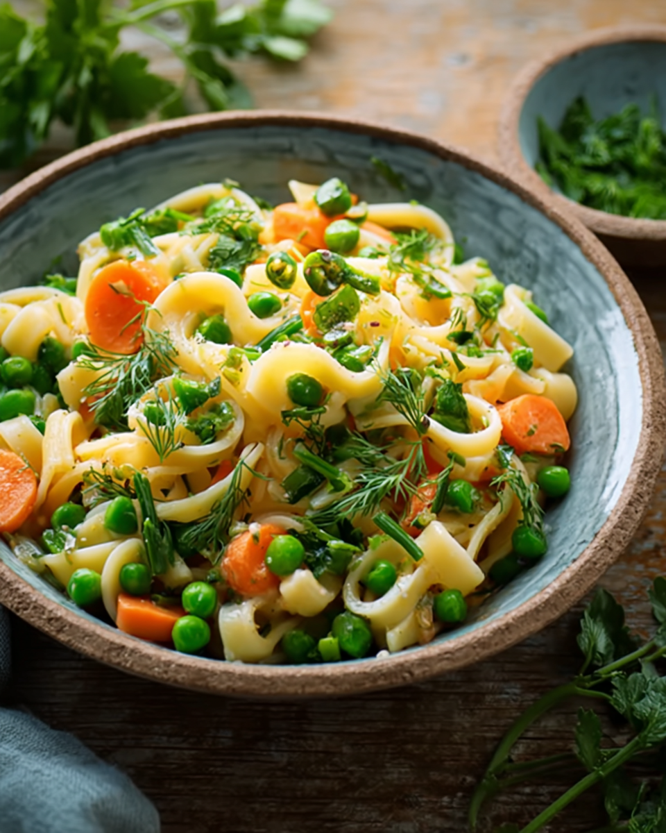 Klassischer deutscher Nudelsalat mit Erbsen und Möhren