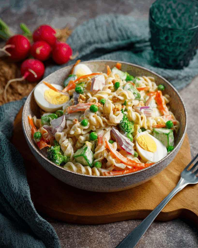 Klassischer Nudelsalat mit Gemüse und cremigem Dressing