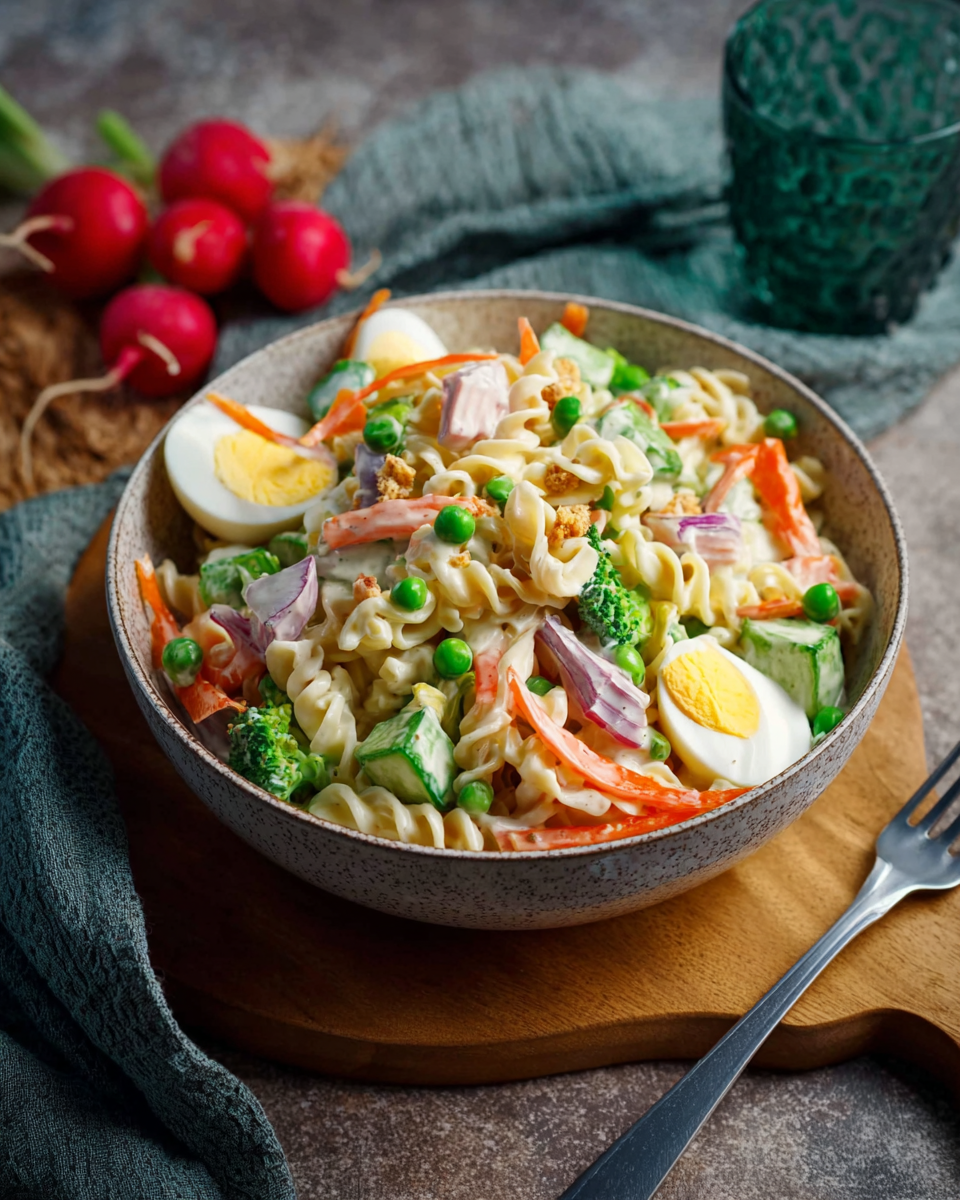 Klassischer Nudelsalat mit Gemüse und cremigem Dressing