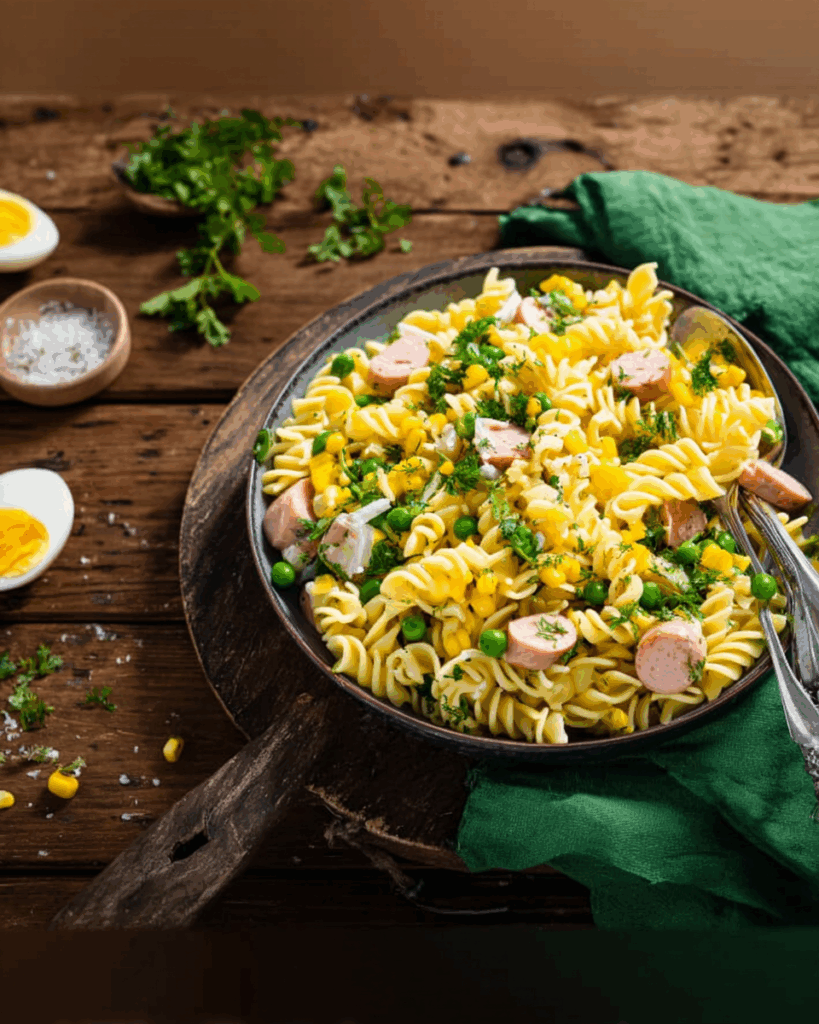 Klassischer Nudelsalat mit Mais, Erbsen und Fleischwurst