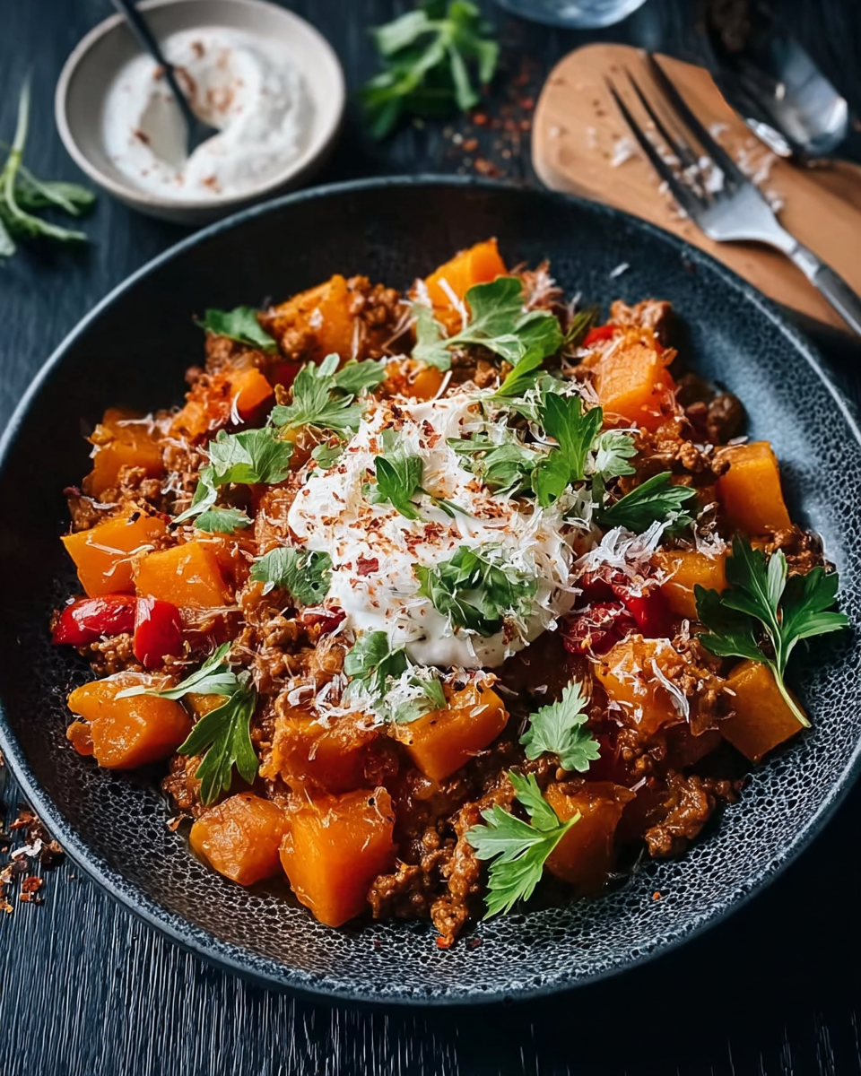 Kürbis Pfanne mit Hackfleisch